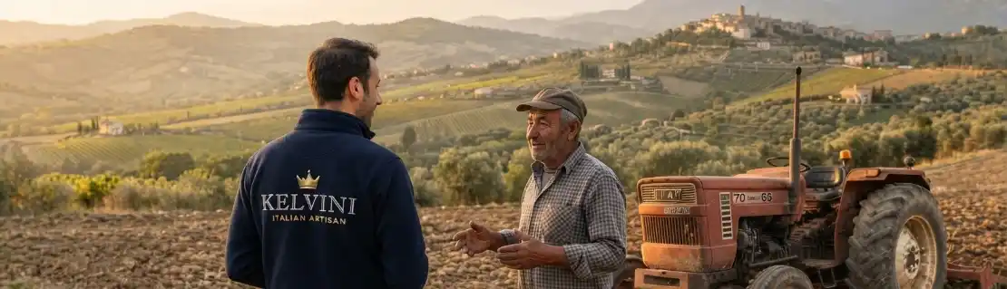 Kelvini oprichter in gesprek met een lokale Italiaanse boer bij een tractor in de heuvels van Campania, de passie van de maker