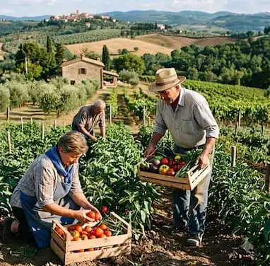 Lokale Italiaanse boeren die op het land in Campania verse groenten en tomaten oogsten voor de ambachtelijke producten van Kelvini Italian Artisan