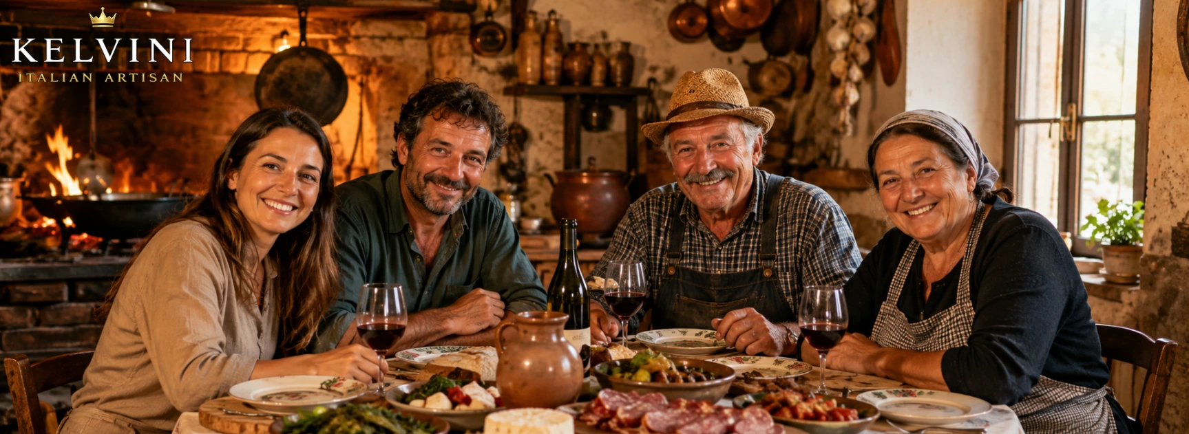 Cuisine paysanne traditionnelle en Campanie avec un agriculteur et une agricultrice locaux à table, profitant des produits régionaux italiens authentiques de Kelvini Italian Artisan.