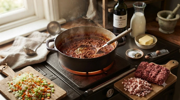 Traditionele gietijzeren pan met pruttelende ragù op het fornuis omringd door verse Italiaanse ingrediënten