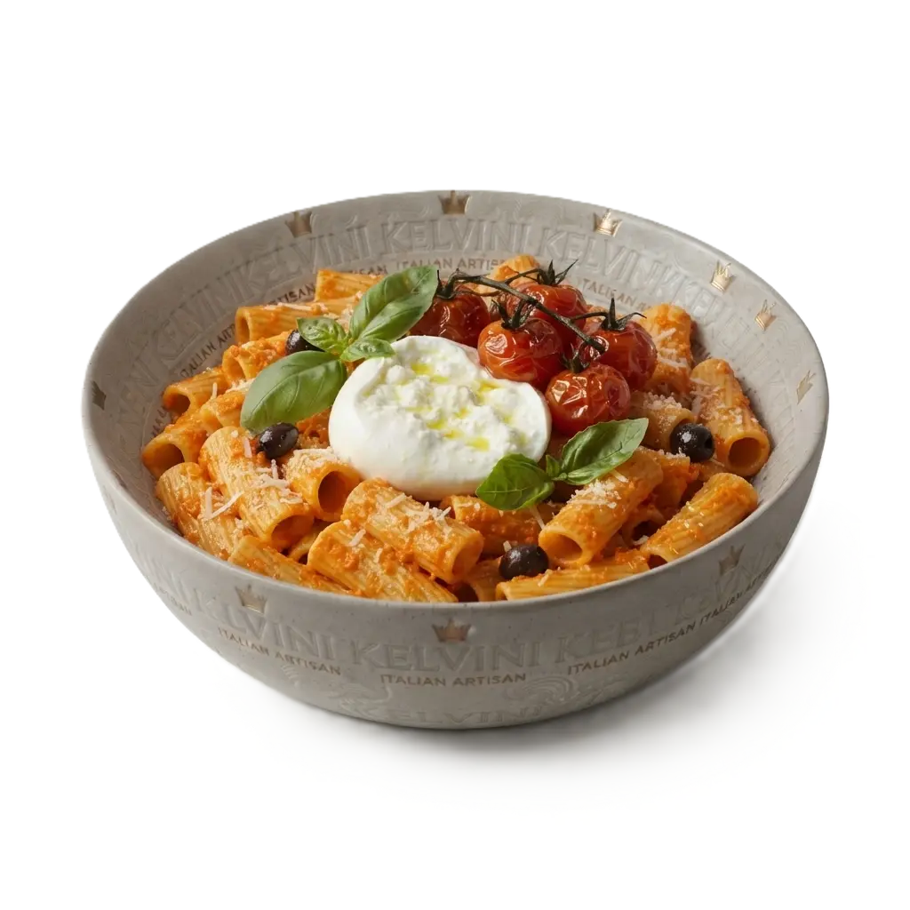 kelvini-mutti-pesto-arancione-180g-Penne-rigaton-Pesto Arancione-burrata-basilicum-cherrytomaatjes.webp