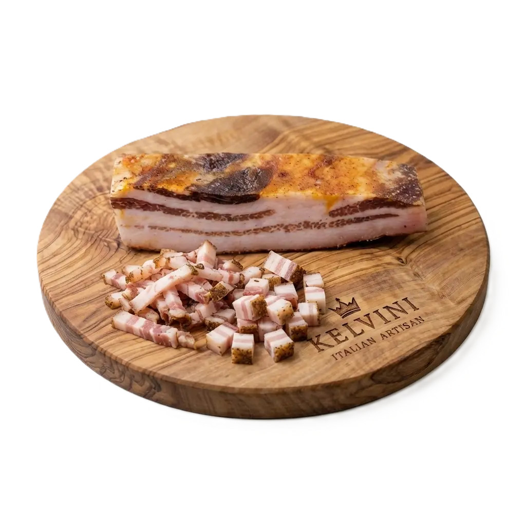 Varkensbuikspek-pancetta op snijplank met blokjes en lardons op de voorgond.webp