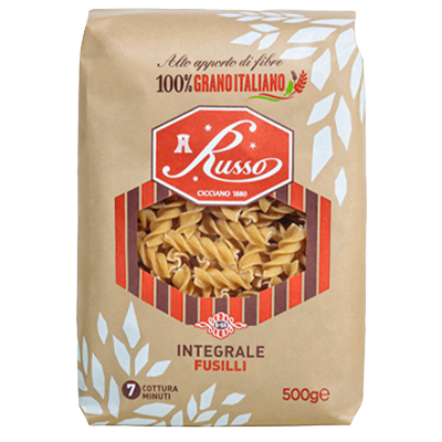 [PAS-RUS-INT-FUS-500] Wholemeal Fusilli – Pasta Russo (500g)